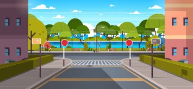 Şehir merkezindeki yol kentsel park nehir yeşil ağaçlar Ahşap banklar cityscape arka plan yatay banner düz vektör çizim şehir sokak binalar boş