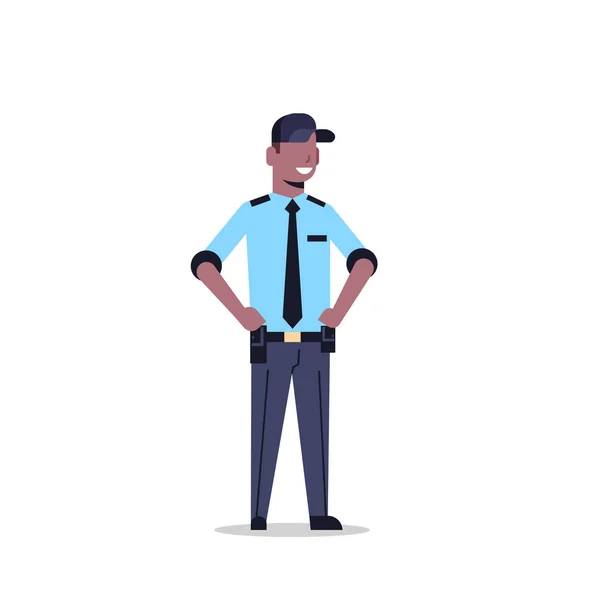 Africano americano segurança guarda homem em uniforme policial masculino personagem cartoon comprimento total plana isolado — Vetor de Stock
