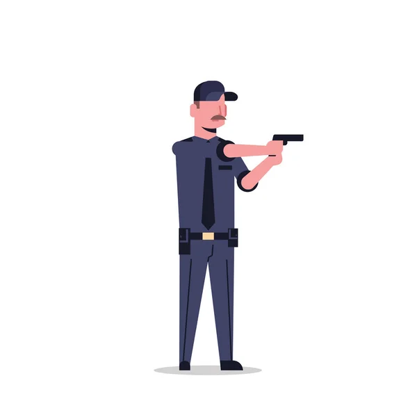 Guardia de seguridad hombre en uniforme negro sosteniendo pistola oficial de policía personaje de dibujos animados masculino longitud completa plana aislado — Archivo Imágenes Vectoriales