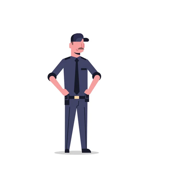 Segurança guarda homem em preto uniforme policial masculino personagem cartoon comprimento total plana isolado — Vetor de Stock