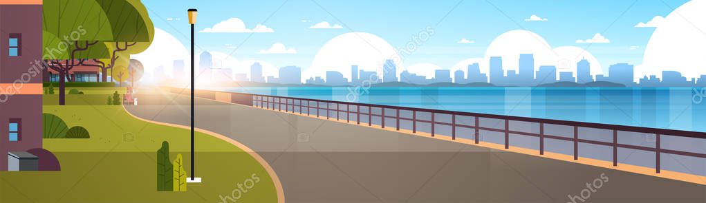 modern city empty quay urban cityscape skyscrapers background view of road river and downtown early morning sunrise horizontal banner flat