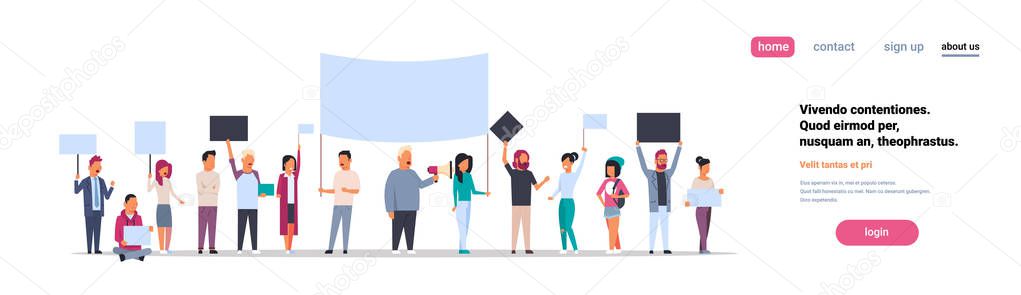 people group holding placards and megaphone cityscape background protesting crowd demonstration picket or conflict concept isolated horizontal copy space