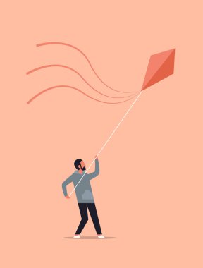 Başlatan uçurtma casual adam rüzgar oyuncak tatil kavramı erkek çizgi film karakteri tam uzunlukta düz dikey oynarken genç adam