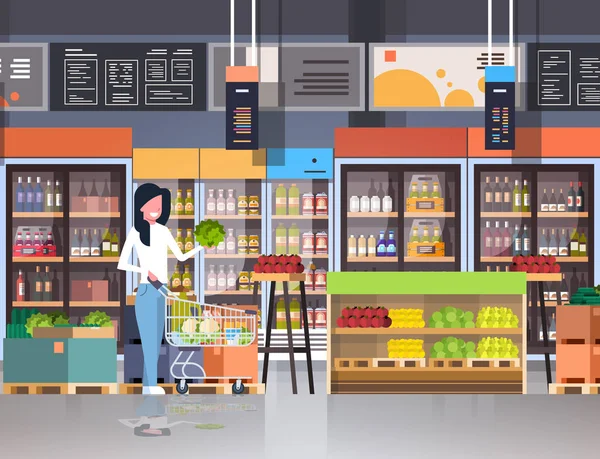 Supermercato donna cliente con carrello della spesa acquisto verdura mercato interno piatto orizzontale — Vettoriale Stock