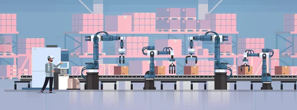 Ember mérnök ellenőrzése szállítószalag övvonal robot kezét gyár automatizálás gyártás gyártási folyamat koncepció raktár tároló belső vízszintes — Stock Vector