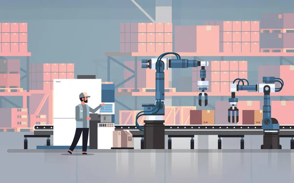 Fabrika otomasyon üretim süreci kavramı depo depolama iç yatay üretim konveyör kayışı çizgi robot kontrol adam mühendis eller — Stok Vektör