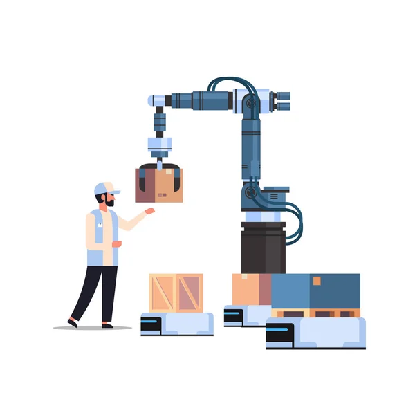 Hombre ingeniero control robótico mano poner cajas en robot producto entregar fábrica automatización producción concepto aislado plana — Archivo Imágenes Vectoriales