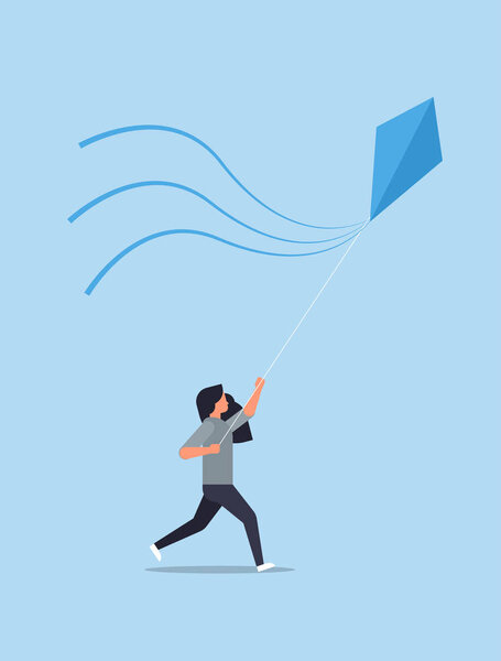 young woman launching kite casual girl playing wind toy holiday concept female cartoon character full length flat vertical