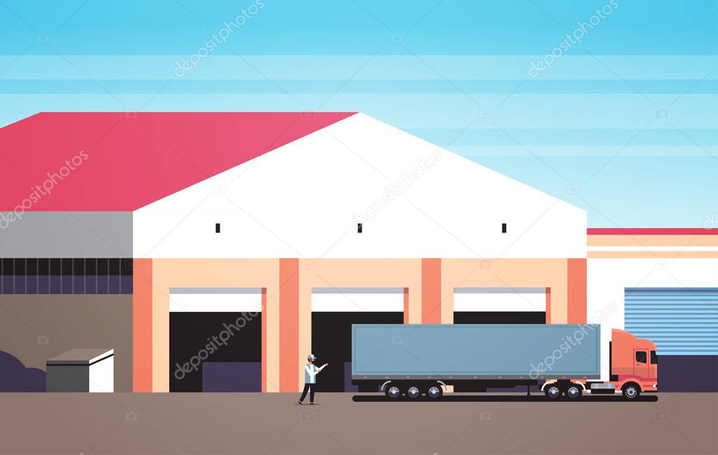 man help big semi truck drive into warehouse parking lots loading ramp logistic center storage exterior horizontal flat