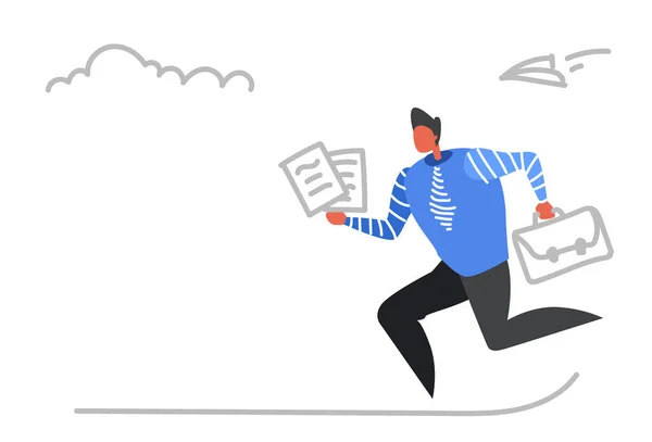 Επιχειρηματίας που τρέχει με χαρτοφύλακα χαρτί έγγραφα επιχειρηματική συνάντηση εργατικοί προθεσμία έννοια απασχολημένος αρσενικό Γραφείο εργαζόμενος σκίτσο doodle οριζόντια — Διανυσματικό Αρχείο