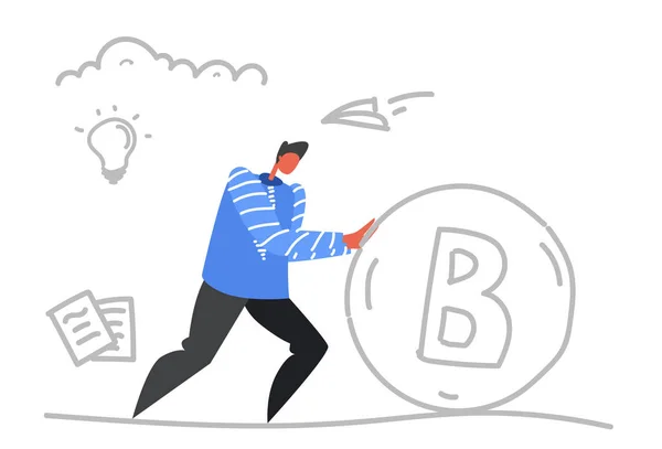 Işadamı iterek bitcoin para kripto para birimi sanal araştırma kavramı iş adam başarılı cryptocurrency kroki doodle yatay — Stok Vektör