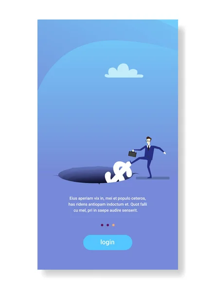 Empresario poner dólar en agujero inversión financiera dinero ahorro concepto plano vertical copia espacio — Vector de stock