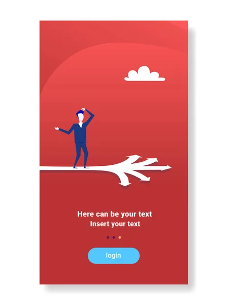 Επιχειρηματίας στέκεται σταυροδρόμι επιλέξτε επιχειρηματική κατεύθυνση έννοια τρόπο βέλος επίπεδη κάθετο αντίγραφο χώρου προορισμού — Διανυσματικό Αρχείο