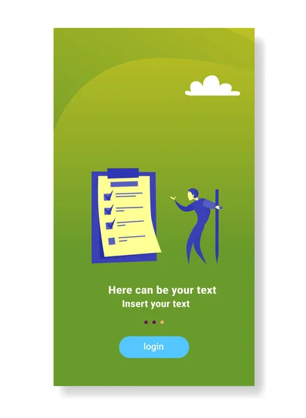 商家站在检查列表认为问题解决方案战略概念平面垂直复制空间 — 图库矢量图片