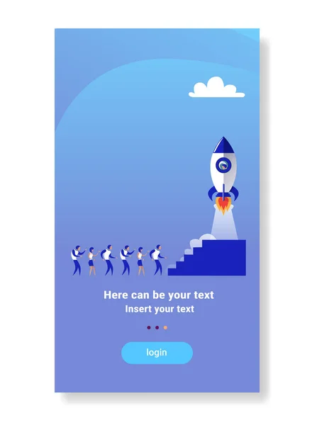 Grupo de pessoas de negócios lançando foguete nave espacial novo conceito de desenvolvimento de estratégia de inicialização espaço cópia vertical plana — Vetor de Stock