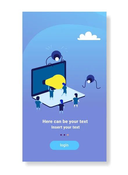 Επιχειρηματίες brainstorming laptop οθόνη υπολογιστή εφαρμογή ανάπτυξη δημιουργική ιδέα έννοιας επιτυχημένης ομαδικής εργασίας στρατηγική επίπεδη κάθετο αντίγραφο χώρου καινοτομίας — Διανυσματικό Αρχείο