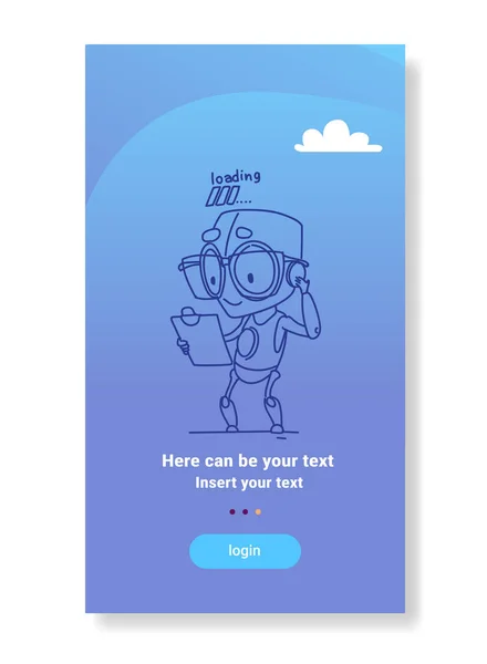 Robô bonito segurando clipboard processo de carregamento moderno inteligência artificial tecnologia conceito espaço de cópia vertical — Vetor de Stock