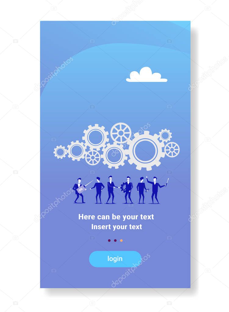businessmen team under cog wheel working together brainstorming process strategy concept flat vertical copy space