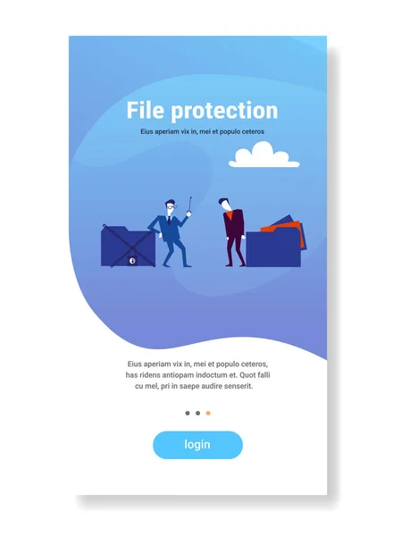 Бизнесмен с доступом к базе данных корпоративных данных концепции защиты файлов плоской вертикальной копирования пространство — стоковый вектор