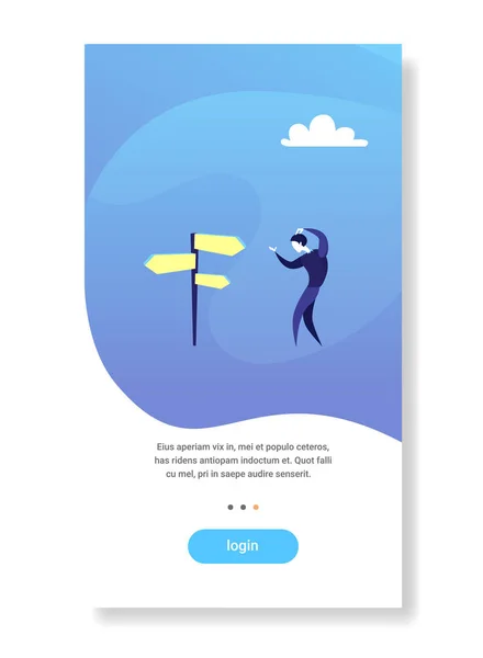 Confuso homem de negócios crossroad olhar para placa de sinal escolhendo direção conceito espaço cópia vertical plana — Vetor de Stock