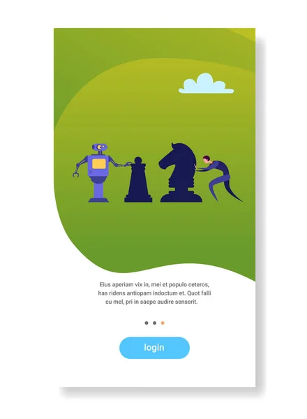 Humano vs inteligência artificial empresário jogando xadrez com conceito de competição robô moderno espaço cópia vertical plana — Vetor de Stock