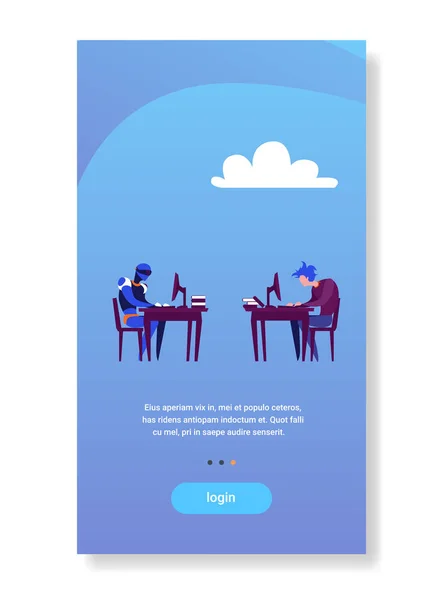 Humano vs inteligência artificial empresário e robô trabalhando em computadores espaço cópia vertical plana — Vetor de Stock
