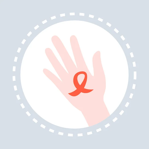 Mão humana segurar consciência sinal fita vermelha prevenção médica câncer de mama conceito de solidariedade plana — Vetor de Stock