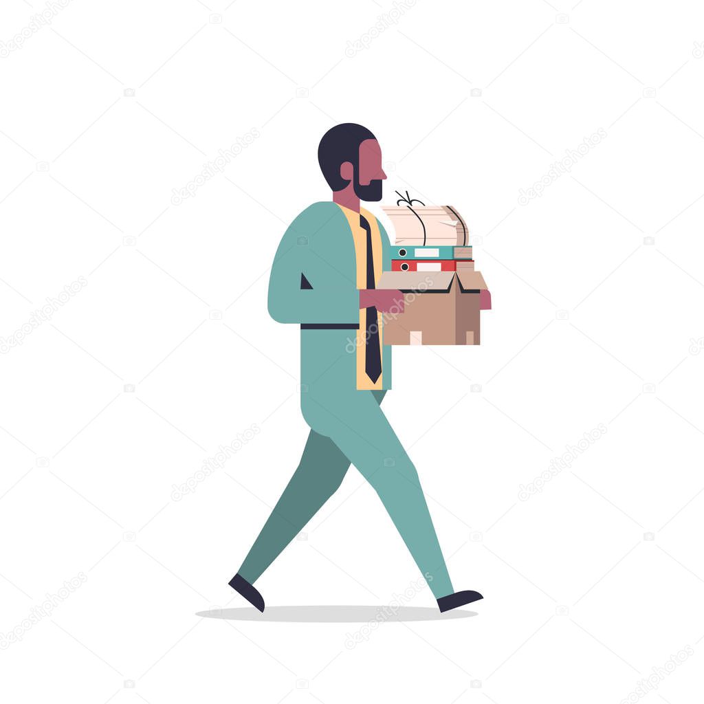 african american businessman carrying paper box stack of documents overloaded business man office worker going male cartoon character full length flat isolated