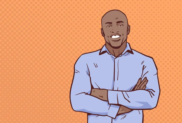 Αφρικανικός Αμερικανός επιχειρηματίας διπλωμένα χέρια πόζα επιχείρηση άνθρωπος χαμόγελο αρσενικό καρτούν χαρακτήρα πορτρέτο pop art στυλ οριζόντια — Διανυσματικό Αρχείο
