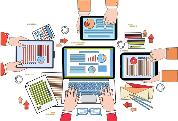 Business Desk Felülnézet Munkafolyamatok Dokumentumok Digitális Tabletta Laptop Vektoros Illusztráció — Stock Vector