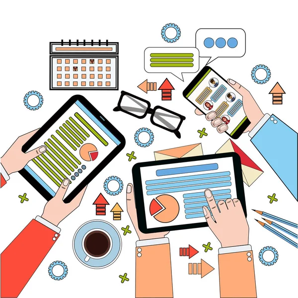 Business Desk Top View, werkproces met diagrammen en documenten, zakenmensen handen met digitale tabletten en Laptop — Stockvector