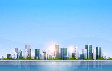 büyük modern şehri bina gökdelen panoramik gündoğumu cityscape arka plan manzarası düz yatay