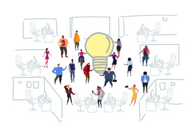 yarış iş adamları modern ofis iç kroki doodle yatay beyin fırtınası yeni yaratıcı bir fikir ışık lamba simgesi co çalışma alanı Erkekler kadınlar iş arkadaşları üreten mix