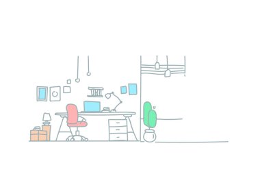 Modern işyeri kabine oda iç boş ev ofis mobilya kroki doodle yatay