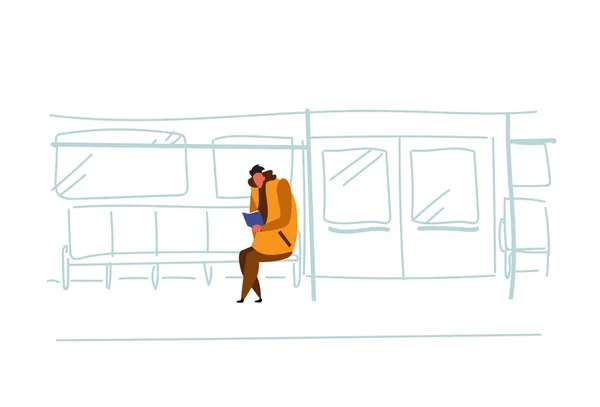 Casual man metro passagier vergadering metro trein lezing boek Binnenaanzicht openbare ondergrondse stad vervoer concept mannelijke cartoon karakter schets doodle horizontaal — Stockvector