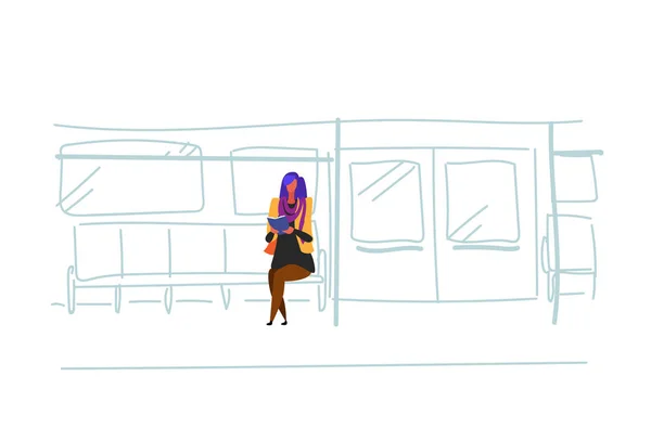 休闲女子地铁乘客坐地铁列车阅读书室内景观公共地下城市交通概念女性卡通人物素描涂鸦水平 — 图库矢量图片