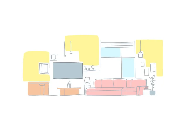 Современный интерьер гостиной пустой дом мебель эскиз каракули горизонтальный — стоковый вектор