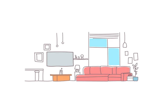 Modernt vardagsrum inredning tomt hus möbler skiss doodle horisontell — Stock vektor