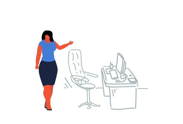 Geschäftsfrau zeigt modernen Arbeitsplatz weibliche Chefin oder Sekretärin Cartoon-Figur in voller Länge Büro Interieur Skizze Doodle horizontal — Stockvektor