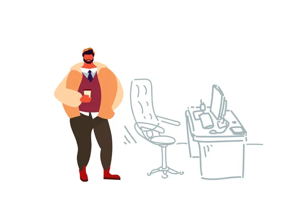 Homem de negócios casual beber café local de trabalho armário moderno barbudo chefe masculino homem de negócios personagem cartoon comprimento total escritório interior esboço doodle horizontal — Vetor de Stock