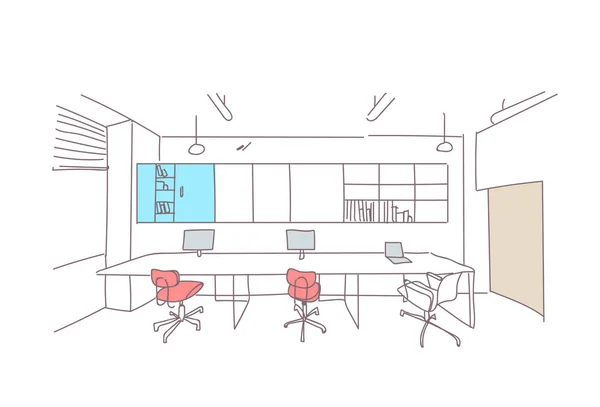 Leer Coworking Space modernes Büro Interieur kreativer Arbeitsplatz Co-Working Workspace Skizze Doodle horizontal — Stockvektor