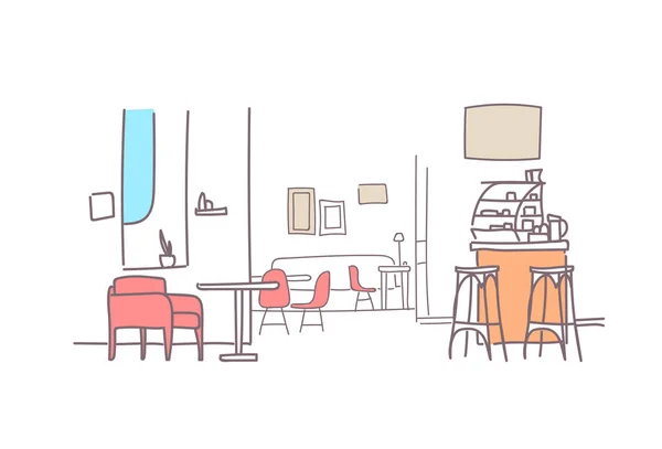 Moderno famiglia caffè interno vuoto ristorante sala mobili schizzo doodle orizzontale — Vettoriale Stock