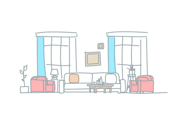 Moderne Wohnzimmerausstattung leere Hausmöbel Skizze Doodle horizontal — Stockvektor