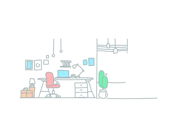 Σύγχρονο εργασιακό χώρο γραφείων δωμάτιο εσωτερικό άδειο σπίτι γραφείο έπιπλα σκίτσο doodle οριζόντια — Διανυσματικό Αρχείο