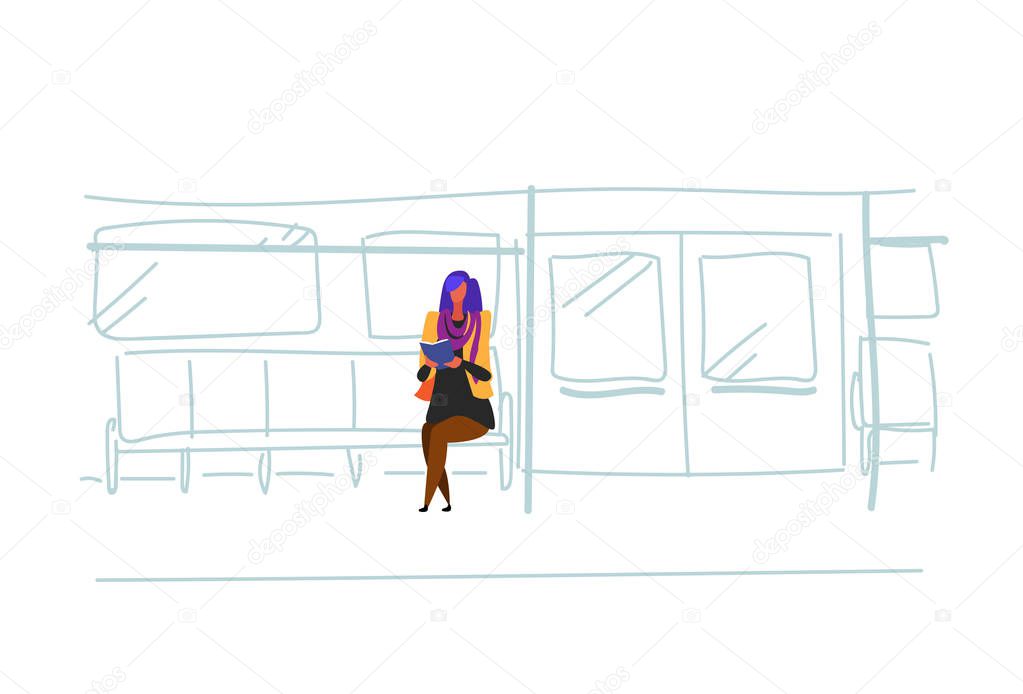 casual woman subway passenger sitting metro train reading book interior view public underground city transport concept female cartoon character sketch doodle horizontal