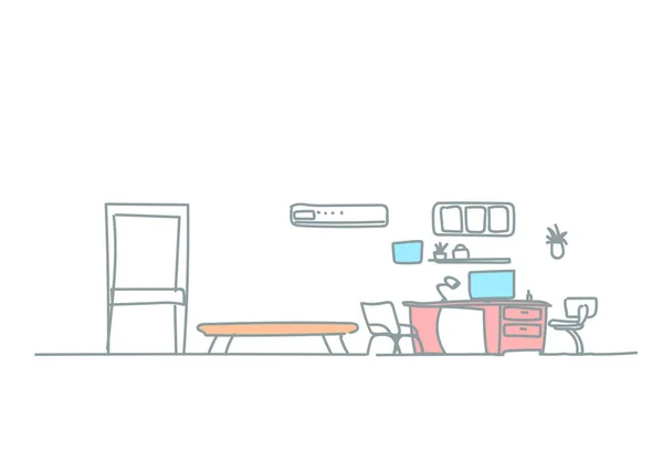 Σύγχρονο εργασιακό χώρο γραφείων δωμάτιο εσωτερικό άδειο σπίτι γραφείο έπιπλα σκίτσο doodle οριζόντια — Διανυσματικό Αρχείο