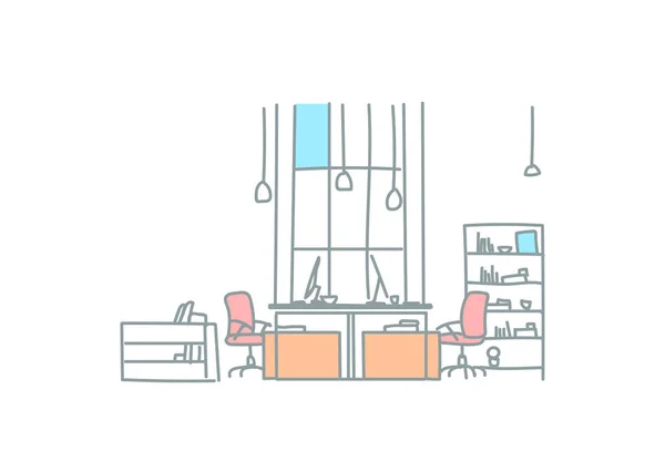 Αδειάστε το coworking χώρο σύγχρονου γραφείου co εσωτερικό δημιουργικό εργασιακό χώρο εργασίας χώρο εργασίας σκίτσο doodle οριζόντια — Διανυσματικό Αρχείο