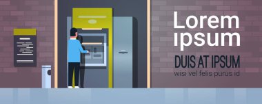 adam nakit para almanın veya ekipman yatay kopya alanı düz vektör çizim bankacılık açık borçları ödeme Atm otomatik vezne makinesi ödeme terminal işadamı çekilmesi