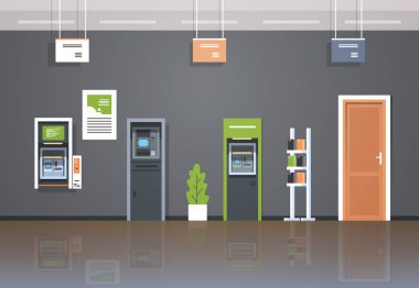 ATM Para otomatik vezne makinesi ödeme terminalleri mali işlemleri Merkezi kavramı ekipman modern banka iç yatay düz vektör çizim bankacılık Oda