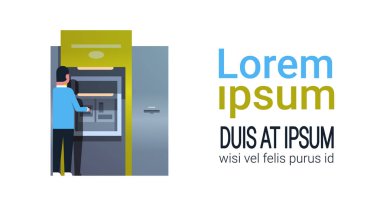 nakit para ödeme borçları bankacılık ekipman almak Atm otomatik vezne makinesi ödeme terminal işadamı çekilmesi adam kopya alanı yatay düz vektör illüstrasyon izole